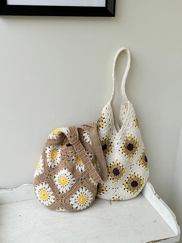 Handgehäkelte Gewebte Baumwolle Schultertasche Sonnenblume Gänseblümchen Floral Tote Boho Sommer Urlaub Tasche Für Damen