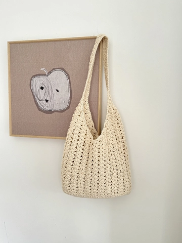 Women Hand Woven Polyester Cotton Shoulder Bag Large Capacity Hollow Checkered Vacation Beach Tote Bag Casual Hobo Bag