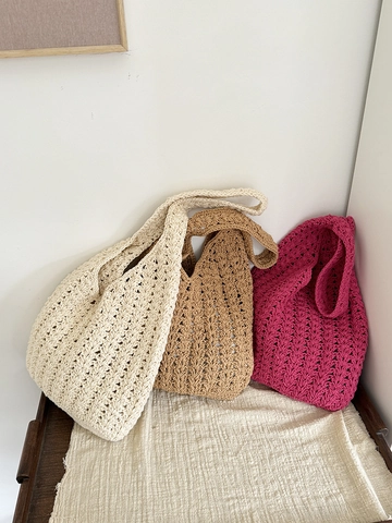 Women Hand Woven Polyester Cotton Shoulder Bag Large Capacity Hollow Checkered Vacation Beach Tote Bag Casual Hobo Bag