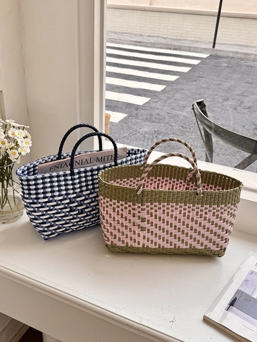 Handgewebte Tragetasche PVC Schachbrettmuster Korb Handtasche Oben Offen Große Kapazität Sommer Strand Für Damen