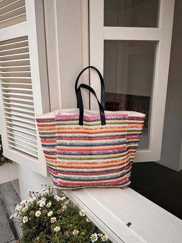 Bunte Gestreifte Papierstroh Tragetasche Mit Großer Kapazität Für Damen Sommer Strand Urlaub Bohemian Schultertasche Mit Doppelgriff