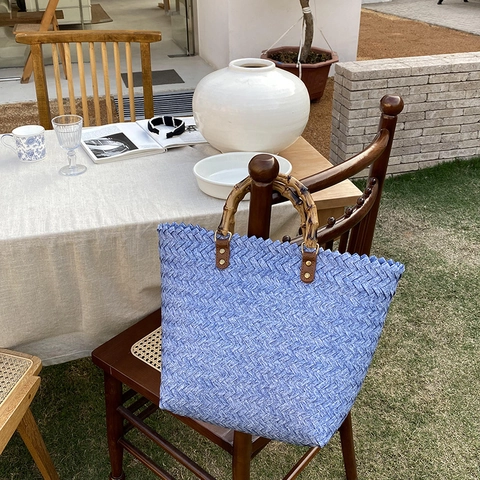 Woven Handbag With Bamboo Handle Large Capacity Beach Vacation Tote Vintage French Style Women