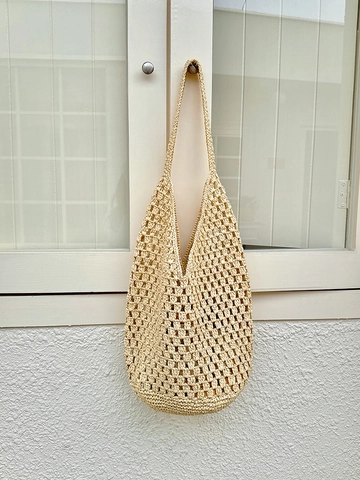 Large Capacity Handwoven Paper Straw Shoulder Bag For Women Hollow Out Grid Design Bohemian Beach Vacation Tote Bag With Inner Pouch