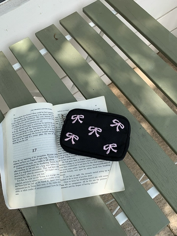Nylon Muntopbergtas Roze Strik Borduurwerk Esthetische Opbergtas Met Rits Voor Meisjes Draagbare Kleine Tas