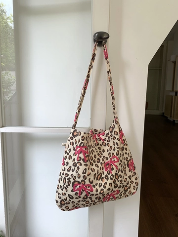 Women Leopard Print Shoulder Bag Large Capacity Cotton Canvas Tote For Students With Bow Star Floral Pattern Casual