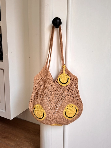 Damen Mode Handgefertigte Häkelarbeit Gewebte Tote Bag Hohl Smiley Gesicht Umhängetasche Große Kapazität Lässige Strandtasche