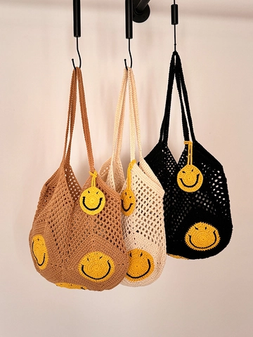 Damen Mode Handgefertigte Häkelarbeit Gewebte Tote Bag Hohl Smiley Gesicht Umhängetasche Große Kapazität Lässige Strandtasche