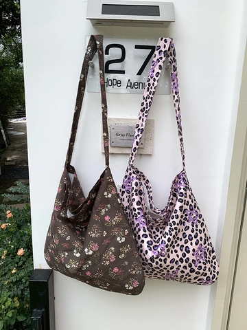 Women Leopard Print Shoulder Bag Large Capacity Cotton Canvas Tote For Students With Bow Star Floral Pattern Casual