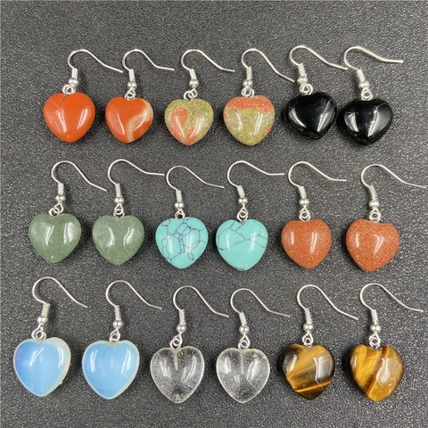 Natural Stone Heart Dangle Earrings For Women Sweet Amethyst Tiger Eye Rose Quartz Crystal Dangle Hook Earrings Jewelry