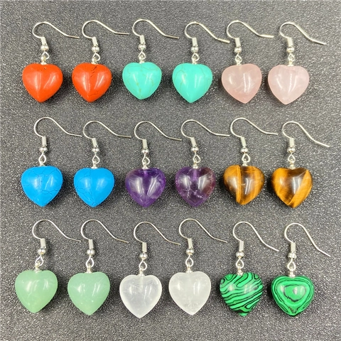 Natural Stone Heart Dangle Earrings For Women Sweet Amethyst Tiger Eye Rose Quartz Crystal Dangle Hook Earrings Jewelry