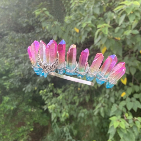 Diadème Couronne de Lune en Cristal Brut Fait à la Main Bohémien Avec Croissant de Lune Ajouré Serre-tête Sorcière Femme