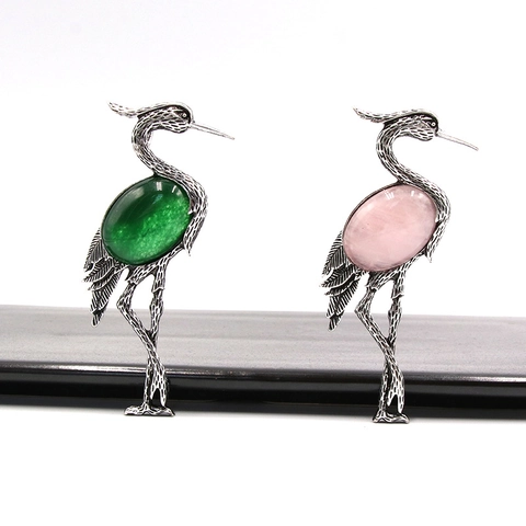 Vintage Alloy Red Crowned Crane Bird Pendant Necklace Brooch With Inlaid Gemstone Abalone Shell Tiger Eye Agate Jewelry For Women