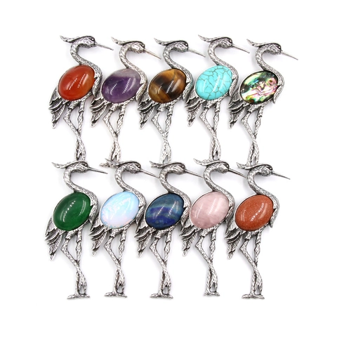 Vintage Alloy Red Crowned Crane Bird Pendant Necklace Brooch With Inlaid Gemstone Abalone Shell Tiger Eye Agate Jewelry For Women