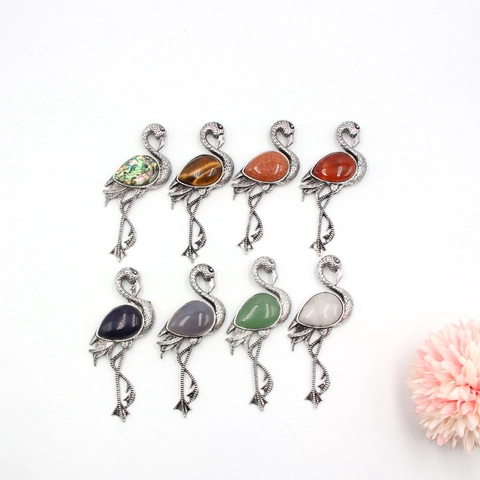 Vintage Alloy Flamingo Brooch Pendant Necklace For Women Inlaid With Gemstone Crystal Abalone Shell Tiger Eye Lapis Agate Jewelry Gift