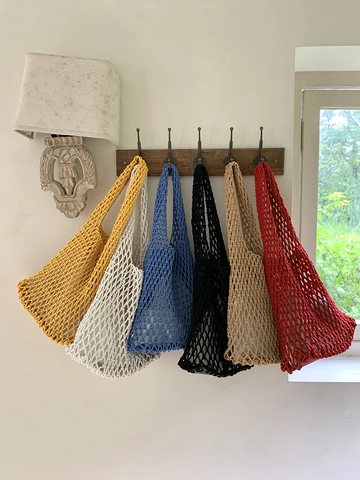 Hand-Woven Cotton Mesh Tote Bag Large Capacity Hollow Out Shoulder Bag With Inner Pouch For Women Casual Beach Vacation