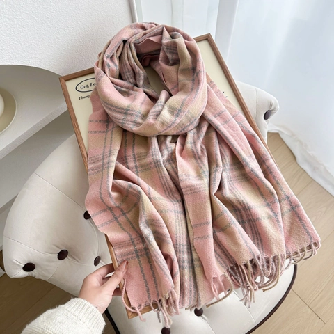 Winter Warm Faux Cashmere Plaid Scarf With Tassels Soft Checkered Shawl For Women British Style Elegant Accessory