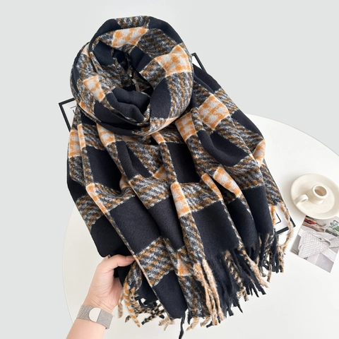 Écharpe À Carreaux Imitation Cachemire Chaude Épaisse Hiver Châle À Franges Style Coréen Pour Femmes