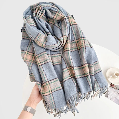 Écharpe À Carreaux Imitation Cachemire Chaude Épaisse Hiver Châle À Franges Style Coréen Pour Femmes
