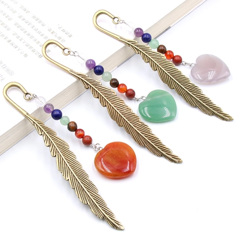 Vintage Feather Metal Bookmark With Chakra Natural Stone Beads And Heart Shape Gemstone Pendant Reading Gift Boho