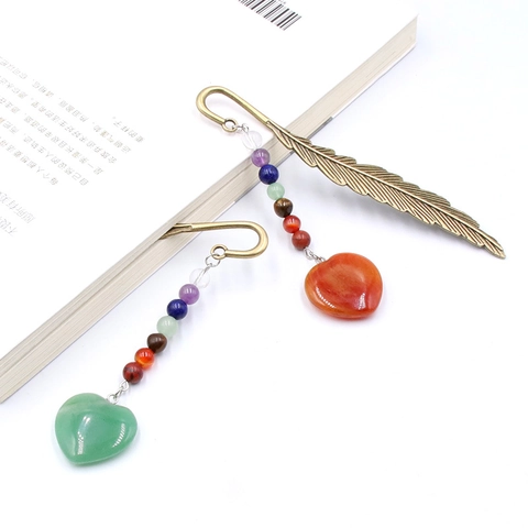 Vintage Feather Metal Bookmark With Chakra Natural Stone Beads And Heart Shape Gemstone Pendant Reading Gift Boho