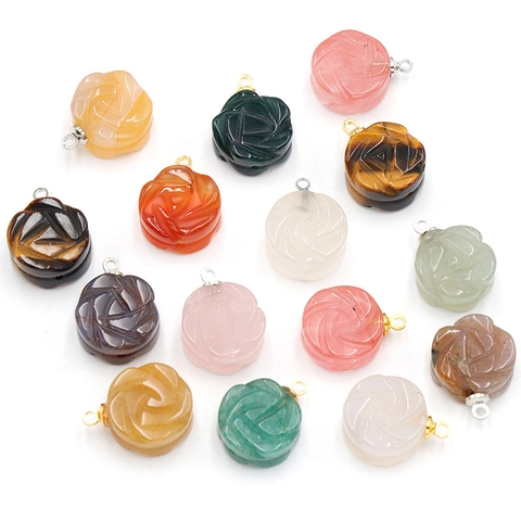 Natural Agate Rose Flower Pendant Carved 3D Double Sided Gemstone DIY Jewelry Making Necklace Charm Tiger Eye Rose Quartz