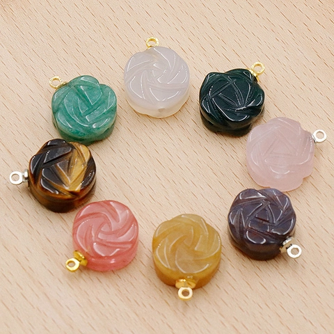 Natural Agate Rose Flower Pendant Carved 3D Double Sided Gemstone DIY Jewelry Making Necklace Charm Tiger Eye Rose Quartz