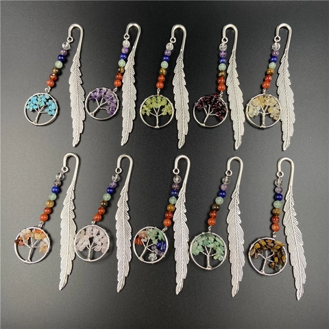 Vintage Alloy Feather Bookmark With Natural Stone Tree Of Life Pendant Seven Chakra Healing Crystal Beads For Book Lovers Gift