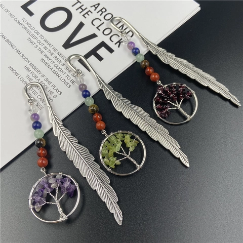 Vintage Alloy Feather Bookmark With Natural Stone Tree Of Life Pendant Seven Chakra Healing Crystal Beads For Book Lovers Gift