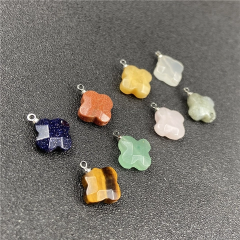 Pendente Fiore Quadrifoglio Pietra Naturale Sfaccettato Connettore Per Creazione Gioielli DIY Quarzo Rosa Labradorite Occhio Di Tigre