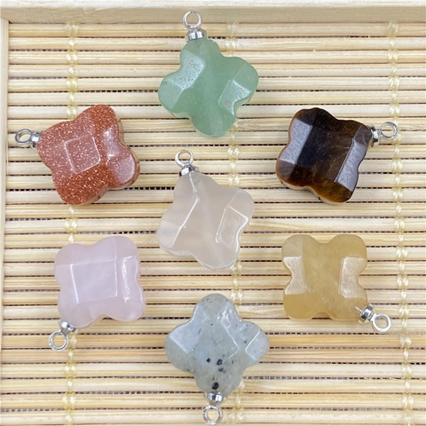 Pendente Fiore Quadrifoglio Pietra Naturale Sfaccettato Connettore Per Creazione Gioielli DIY Quarzo Rosa Labradorite Occhio Di Tigre