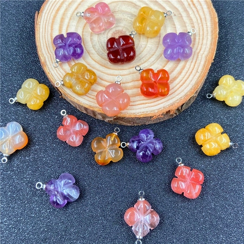 Natural Gemstone Four Leaf Clover Flower Carved Pendant Lucky Charm DIY Jewelry Finding With Loop