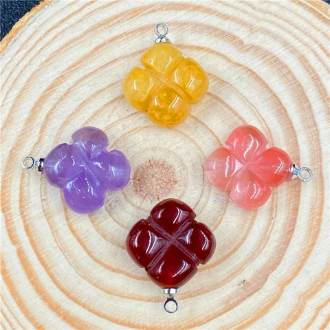 Natural Gemstone Four Leaf Clover Flower Carved Pendant Lucky Charm DIY Jewelry Finding With Loop