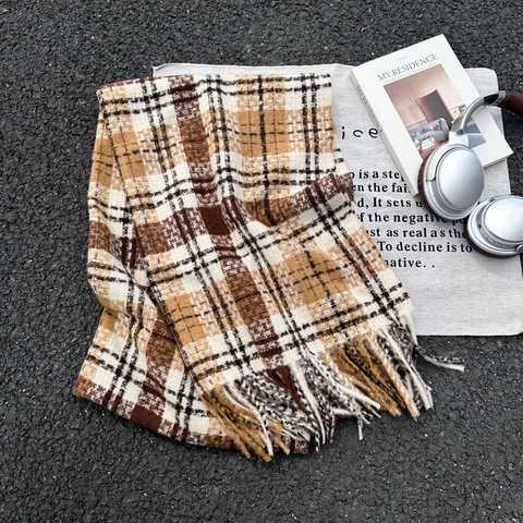 Vintage Karierter Schal Für Damen Winter Dick Warm Kaschmir-Imitat Schultertuch Mit Quasten Klassisch Britischer Stil Schal