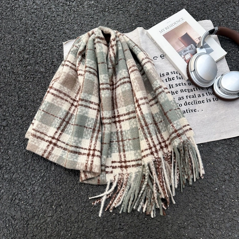 Vintage Karierter Schal Für Damen Winter Dick Warm Kaschmir-Imitat Schultertuch Mit Quasten Klassisch Britischer Stil Schal