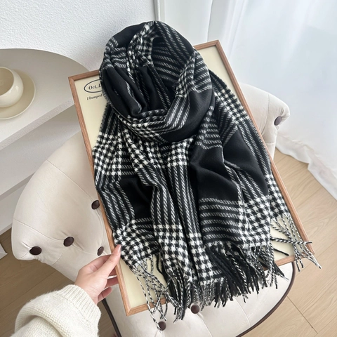Plaid Scarf Faux Cashmere Thickened Warm Winter Shawl With Tassels British Style Retro Soft Gingham Wrap For Women