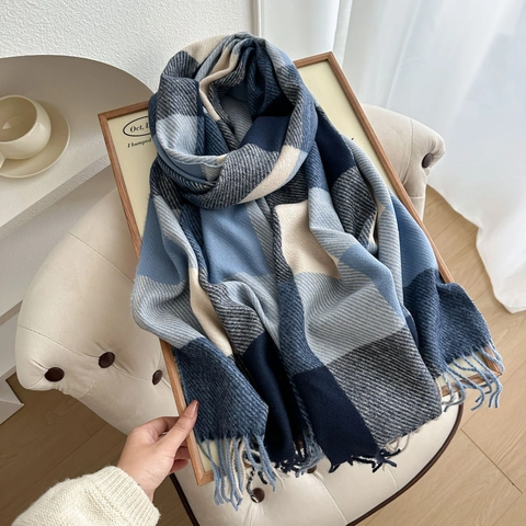 Classic Plaid Tassel Scarf For Women Winter Warm Imitation Cashmere Shawl Soft Grid Pattern Fashion Neck Wrap Scarf