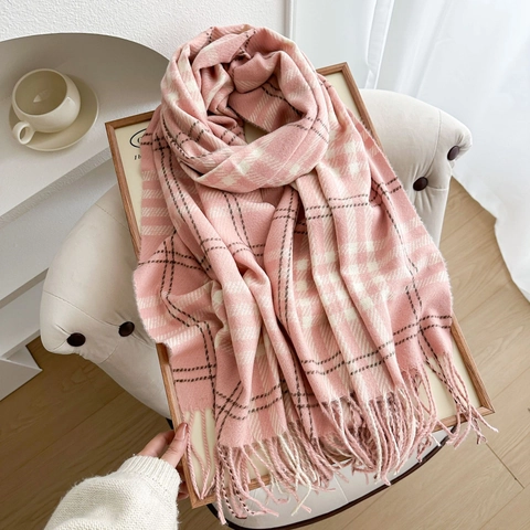 Checkered Scarf Faux Cashmere Plaid Shawl With Tassels Soft Warm Winter Retro British Style For Women