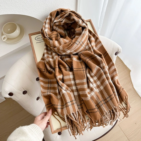 Checkered Scarf Faux Cashmere Plaid Shawl With Tassels Soft Warm Winter Retro British Style For Women