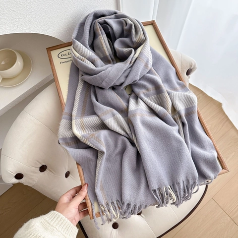 Plaid Tassel Scarf Warm Faux Cashmere Winter Large Shawl Wrap Thick Checked Fringe Soft For Women