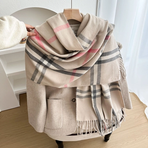 Classic British Style Plaid Scarf For Women Men Faux Cashmere Winter Warm Checkered Shawl Wrap With Long Fringes