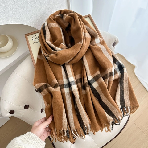 Classic British Style Plaid Scarf For Women Men Faux Cashmere Winter Warm Checkered Shawl Wrap With Long Fringes