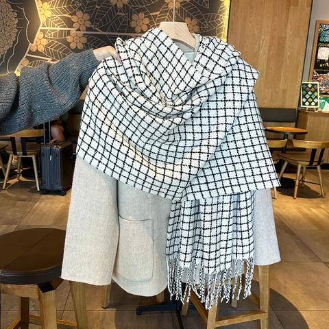 Weicher Hahnentritt Karo Quasten Schal Für Damen Dick Warm Kaschmir Imitat Winter Schultertuch Casual Pendeln Schal