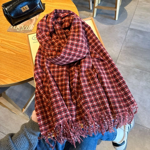 Weicher Hahnentritt Karo Quasten Schal Für Damen Dick Warm Kaschmir Imitat Winter Schultertuch Casual Pendeln Schal