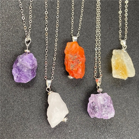 Collar con Colgante de Piedra Preciosa de Cristal en Bruto Natural Amatista Irregular Cuarzo Rosa Citrino Joyería para Mujer