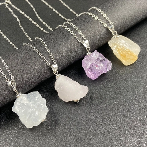 Collar con Colgante de Piedra Preciosa de Cristal en Bruto Natural Amatista Irregular Cuarzo Rosa Citrino Joyería para Mujer