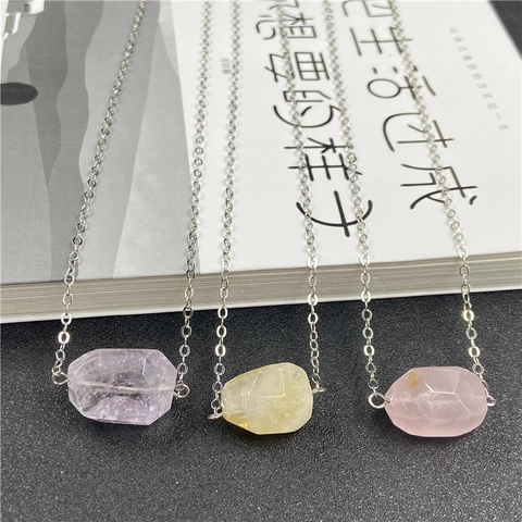 Natural Crystal Pendant Necklace Faceted Geometric Stone Amethyst Rose Quartz Citrine Minimalist Jewelry For Women