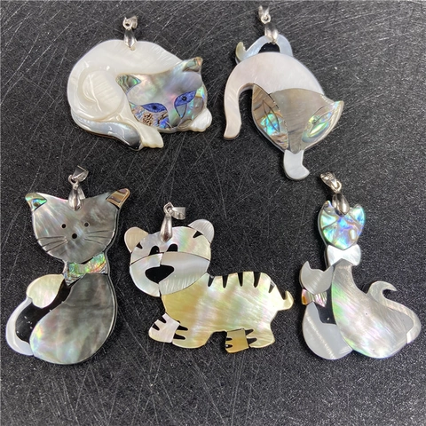 Handmade Mother Of Artificial Pearl Abalone Shell Cat Pendant Necklace Natural Spliced Animal Kitten Charm Cord Jewelry For Women