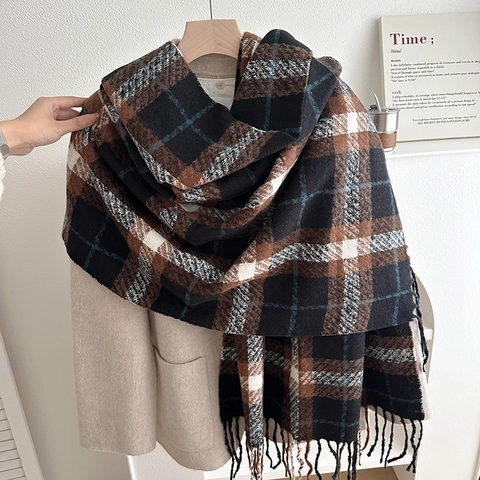 Winter Vintage Check Plaid Scarf For Women Thick Warm Imitation Cashmere Long Shawl Wrap With Tassels Soft Pashmina Fringe