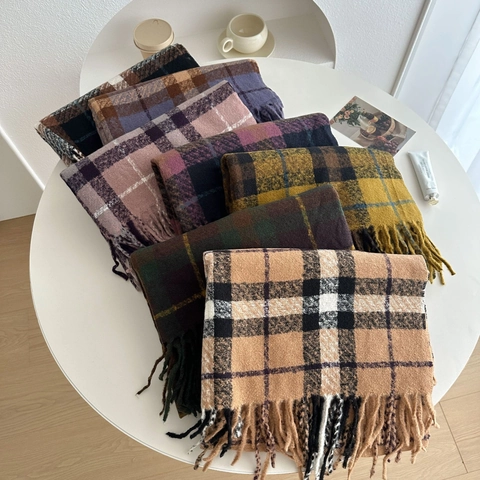 Winter Vintage Check Plaid Scarf For Women Thick Warm Imitation Cashmere Long Shawl Wrap With Tassels Soft Pashmina Fringe