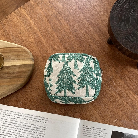 Mini Porte Monnaie Carré Toile Coton Petit Sac De Rangement Avec Fermeture Éclair Broderie Sapin Style Forêt Vintage